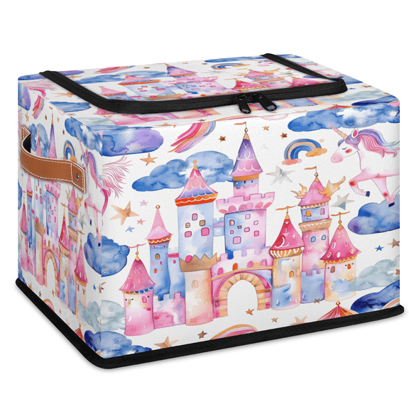 CURLYOOT Unicorn Castle Rainbow Storage Bin With Zipper Lid, Foldable Clothes Organizer Lidded Storage Baskets, Rectangular Box Closet Shelf Organizer