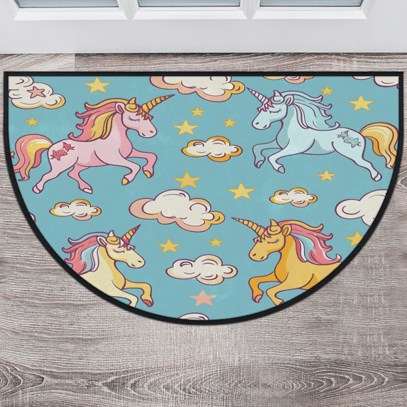 CURLYOOT Unicorn Cloud Half Round Door Mat 40'' x 63'', Indoor Outdoor Entrance Rug, Semi Circular Area Rug, Non Slip Washable Absorbent Doormat, Laundry Room Rug