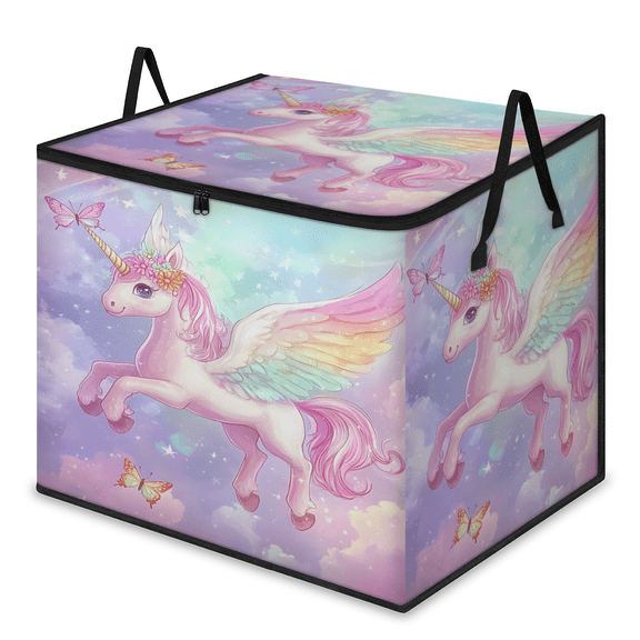 CURLYOOT Unicorn Colorful Cartoon Animal Fancy Large Storage Bag, Clothes Storage Bin Foldable Closet Organizer with Handle, Fabric Storage Containers for Clothing, Blanket, Comforter, Bedding