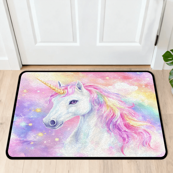 CURLYOOT Unicorn Fancy Cartoon Indoor Doormat, Non-Slip Absorbent Door Mat 24" x 16", Entrance Floor Mat Washable Entry Doormats for Entryway Front Back Door