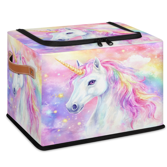 CURLYOOT Unicorn Fancy Cartoon Storage Bin with Zipper Lid, Foldable Clothes Organizer Lidded Storage Baskets, Rectangular Box Closet Shelf Organizer