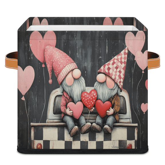 CURLYOOT Valentine Cube Storage Bin 11 Inch Fabric Storage Cube for Shelves Decorative Gnomes Retro Car Foldable Basket with Leather Handle for Closet Shelves Organizer