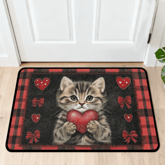 CURLYOOT Valentines Day Cat Front Door Mat, Washable Non-Slip Buffalo Plaid Door Mat, Indoor Outdoor Floor Mats Absorbent Welcome Doormat for Entrance 20" x 30"