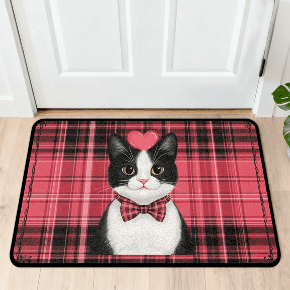 CURLYOOT Valentines Day Cat Indoor Doormat, Non-Slip Absorbent Door Mat 24" x 16", Entrance Floor Mat Washable Entry Doormats for Entryway Front Back Door