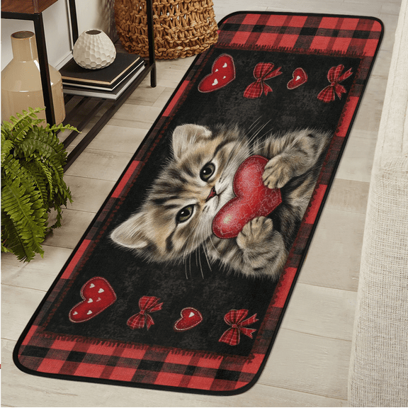 CURLYOOT Valentines Day Cat Runner Rug 2'x6' Washable Kitchen Runner Rug Indoor Non Slip Laundry Rugs Buffalo Plaid Floor Carpet for Hallway Kitchen Entryway Bedroom Living Room