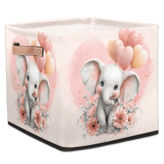 CURLYOOT Valentines Day Elephant Animal Cube Storage Bin, 13 x 13 x 13 Storage Cube Bins for Organizing, Fabric Foldable Closet Baskets with Handles for Closet, Shelves, Clothes