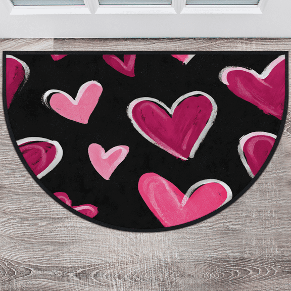 CURLYOOT Valentines Day Love Heart Half Round Door Mat 24'' x 36'', Indoor Outdoor Entrance Rug, Semi Circular Area Rug, Non Slip Washable Absorbent Doormat, Laundry Room Rug