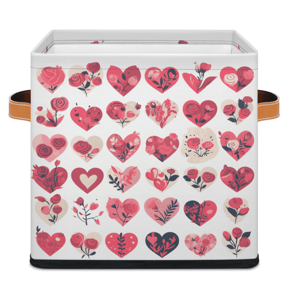 CURLYOOT Valentines Pink Heart Cube Storage Bin, 11 Inch Storage Cube Fabric Bin for Shelves, Rose Foldable Clothes Organizer Baskets with Leather Handle for Closet Home