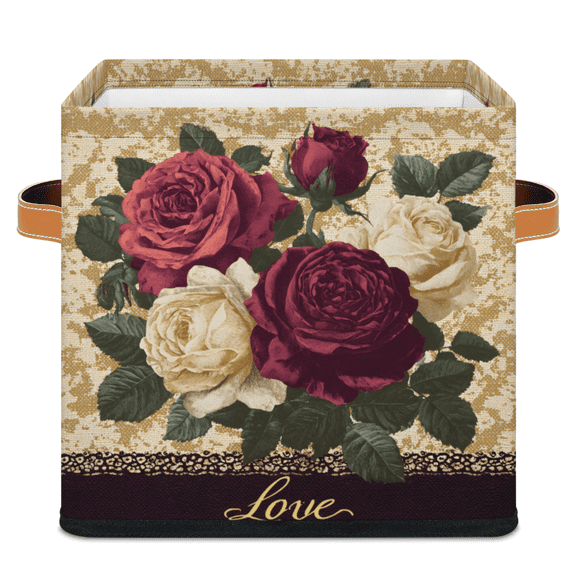 CURLYOOT Valentines Rose Flower Vintage Cube Storage Bin, 11 Inch Storage Cube Fabric Bin for Shelves, Foldable Clothes Organizer Baskets with Leather Handle for Closet Home