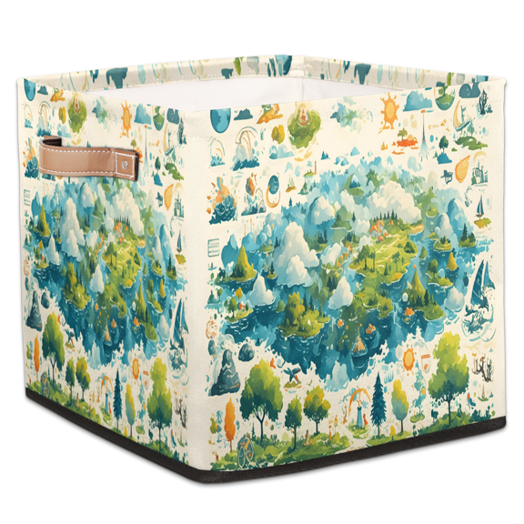CURLYOOT Village Landscape Cube Storage Bin, 13 x 13 x 13 Storage Cube Bins for Organizing, Forest Fabric Foldable Baskets with Handles for Closet, Shelves, Clothes