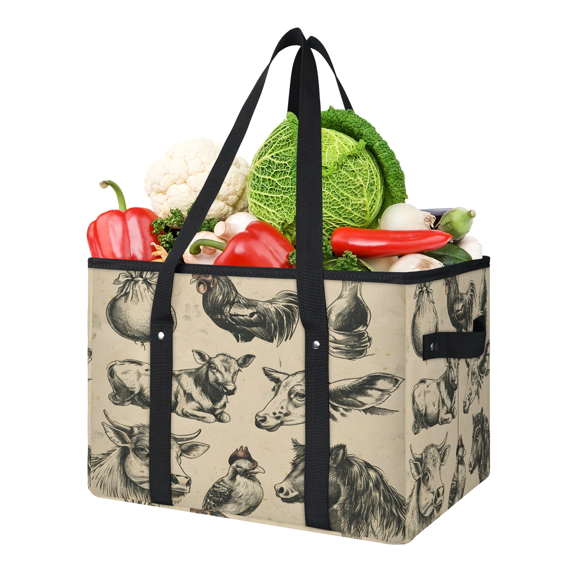 CURLYOOT Vintage Animal Reusable Grocery Bag, Large Foldable Grocery Totes Shopping Bag for Groceries, Farm Animal Shopping Bags with Handles for Kitchen Trunk Picnic