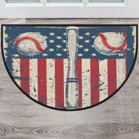 CURLYOOT Vintage Baseball Half Round Door Mat, Indoor Outdoor Entrance Rug, Semi Circular Area Rug, Non Slip Washable Absorbent Doormat, Laundry Room Rug 40'' x 63''