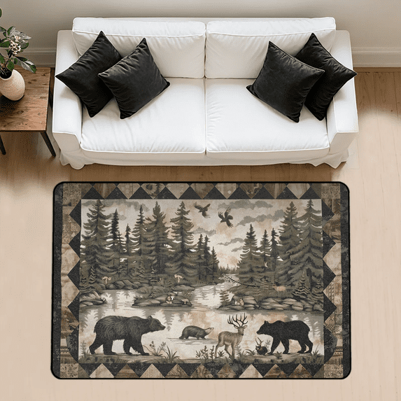 CURLYOOT Vintage Bear Woodland Area Rug 3x5 Ft Rugs for Entryway Entrance Kitchen, Washable Non Slip Indoor Floor Carpet for Bedroom Living Room