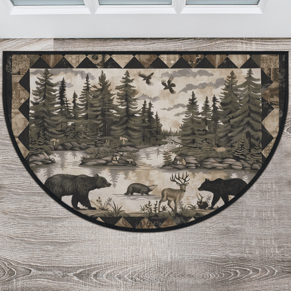 CURLYOOT Vintage Bear Woodland Half Round Door Mat 40'' x 63'', Indoor Outdoor Entrance Rug, Semi Circular Area Rug, Non Slip Washable Absorbent Doormat, Laundry Room Rug