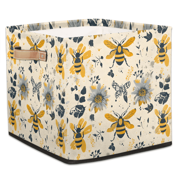 CURLYOOT Vintage Bee Cube Storage Bin, 13 x 13 x 13 Storage Cube Bins for Organizing, Wild Flower Floral Fabric Foldable Closet Baskets with Handles for Closet, Shelves, Clothes