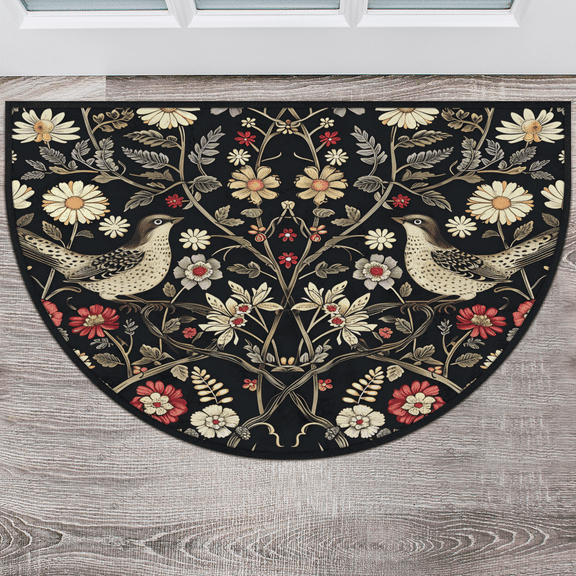 CURLYOOT Vintage Bird Floral Half Round Door Mat, Indoor Outdoor Entrance Rug, Semi Circular Area Rug, Non Slip Washable Absorbent Doormat, Laundry Room Rug 24'' x 36''