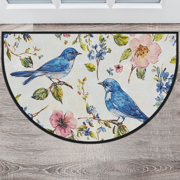 CURLYOOT Vintage Blue Birds and Flower Half Round Door Mat 24'' x 36'', Indoor Outdoor Entrance Rug, Semi Circular Area Rug, Non Slip Washable Absorbent Doormat, Laundry Room Rug