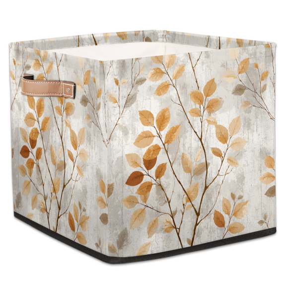 CURLYOOT Vintage Boho Gold Leaves Cube Storage Bin, 13 x 13 x 13 Storage Cube Bins for Organizing, Fabric Foldable Baskets with Handles for Closet, Shelves, Clothes