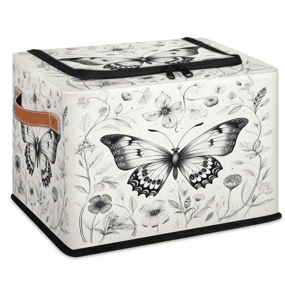 CURLYOOT Vintage Butterfly Storage Bin with Zipper Lid, Foldable Clothes Organizer Lidded Storage Baskets, Rectangular Box Closet Shelf Organizer for Living Room Bedroom Home