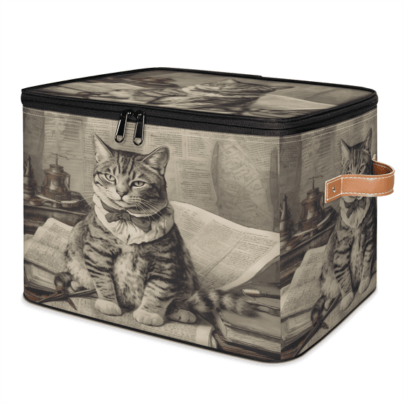 CURLYOOT Vintage Cat Storage Bin with Zipper Lid, Fabric Decorative Lidded Storage Baskets Boxes, Foldable Organizer Container Basket for Bedroom Closet Shelf