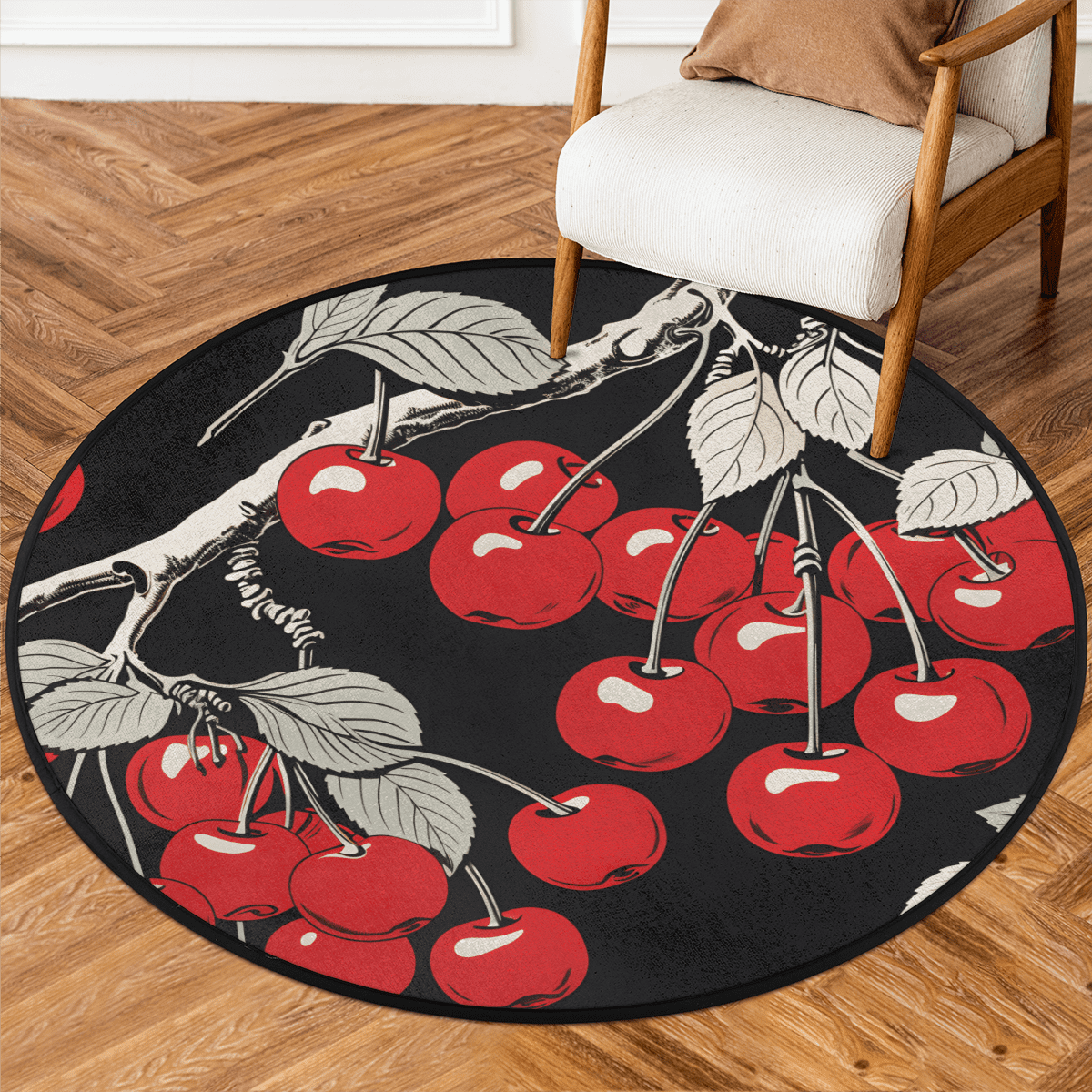 CURLYOOT Vintage Cherry 5.2ft Round Rug for Living Room, Large Washable ...