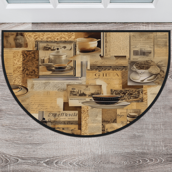 CURLYOOT Vintage Coffee Half Round Door Mat 24'' x 36'', Indoor Outdoor Entrance Rug, Semi Circular Area Rug, Non Slip Washable Absorbent Doormat, Laundry Room Rug