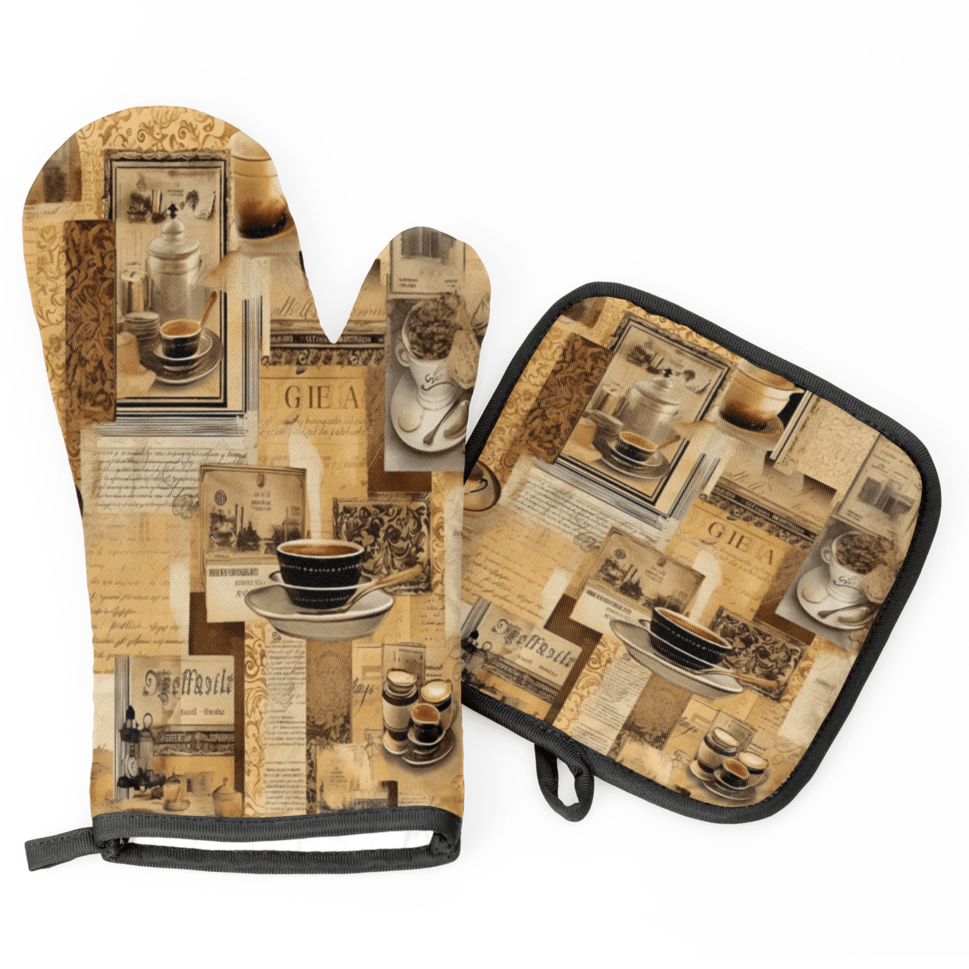 CURLYOOT Vintage Coffee Oven Mitts and Pot Holders Sets of 2, Non-Slip Washable Hot Pads and Oven Gloves for Kitchen Cooking Baking