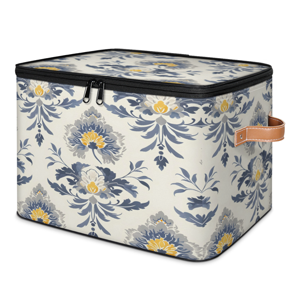 CURLYOOT Vintage Floral Fabric Storage Bins with Lids, Ethnic Flower Foldable Storage Boxes Washable Storage Cube, Closet Bedroom Home Organizer Containers with PU Leather Handles