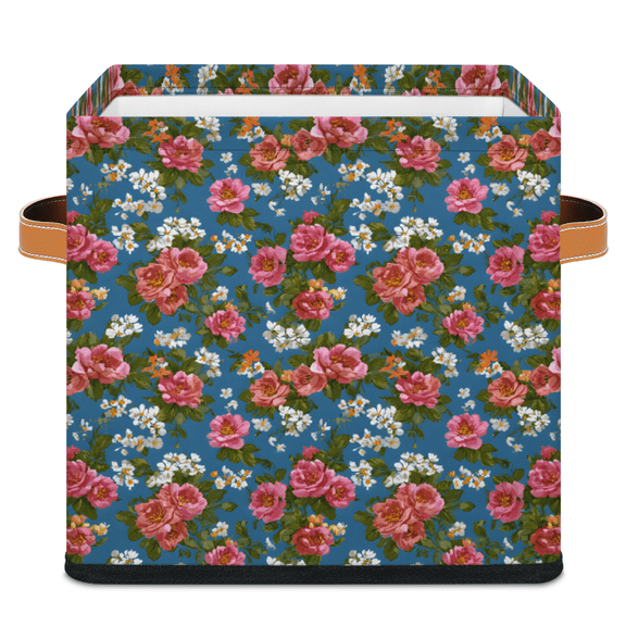 CURLYOOT Vintage Floral Watercolor Flower 11 x 11 Inch Cube Storage Bin, Decorative Storage Cube Foldable Basket with Leather Handle, Fabric Bin for Closet Shelves Home Organizer