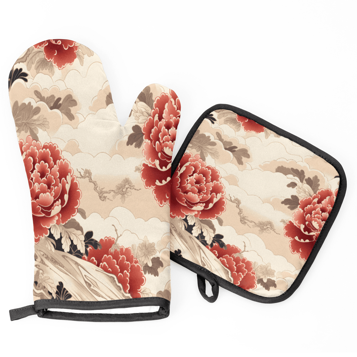 CURLYOOT Vintage Flower Japanese Oven Mitts and Pot Holders Sets of 2, Non-Slip Washable Hot Pads and Oven Gloves for Kitchen Cooking Baking