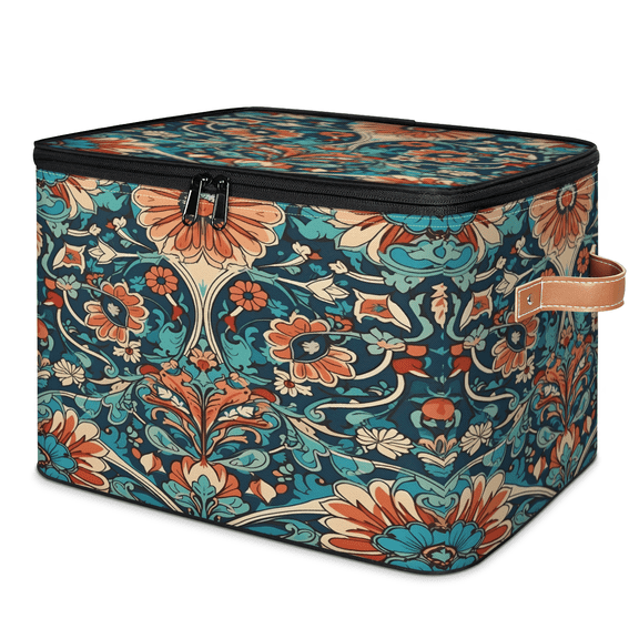 CURLYOOT Vintage Flower Storage Bins with Zipper Lid Fabric Storage Baskets Boxes Ethnic Washable Foldable Clothes Organizer Container with Leather Handles for Shelves Closet