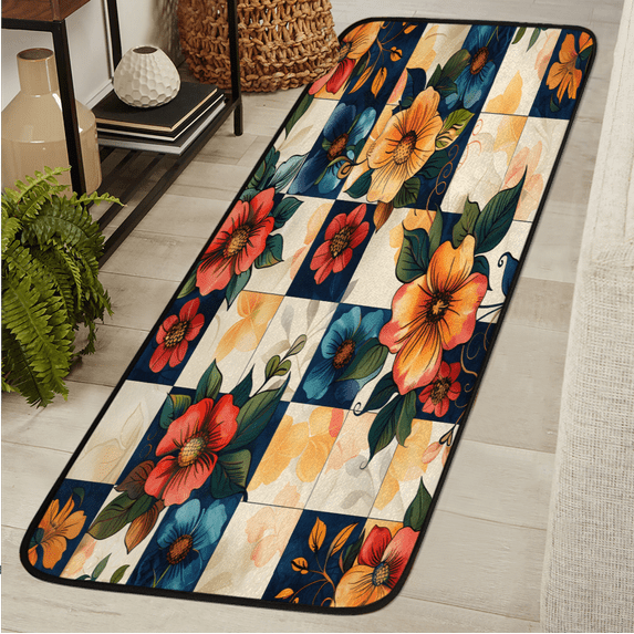 CURLYOOT Vintage Flowers Runner Rug 2'x6' Washable Kitchen Runner Rug Indoor Non Slip Laundry Rugs Grid Floor Carpet for Hallway Kitchen Entryway Bedroom Living Room