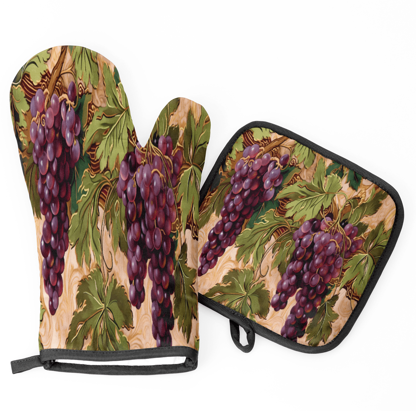 CURLYOOT Vintage Grape Oven Mitts and Pot Holders Sets of 2, Non-Slip Washable Hot Pads and Oven Gloves for Kitchen Cooking Baking