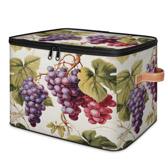 CURLYOOT Vintage Grapes Vine Storage Bin with Zipper Lid, Fabric Decorative Lidded Storage Baskets Boxes, Foldable Organizer Container Basket for Bedroom Closet Shelf