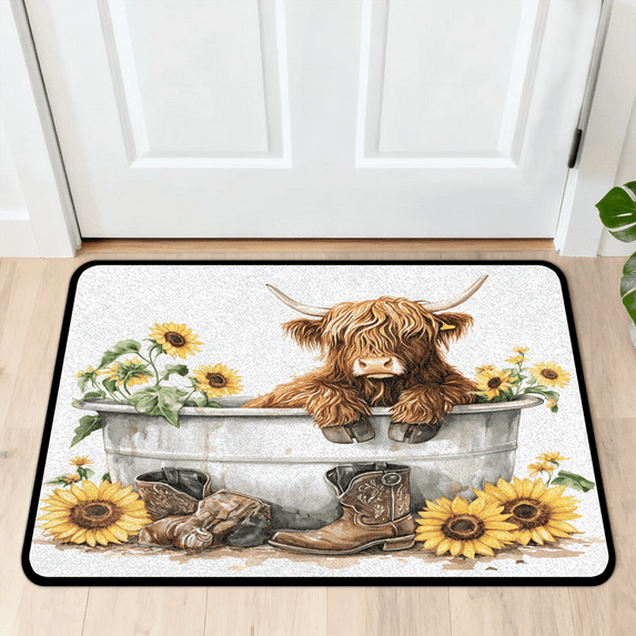 CURLYOOT Vintage Highland Cow Bath and Sunflower Front Door Mat, Washable Non-Slip Door Mat, Indoor Outdoor Floor Mats Absorbent Welcome Doormat for Entrance 20" x 30"
