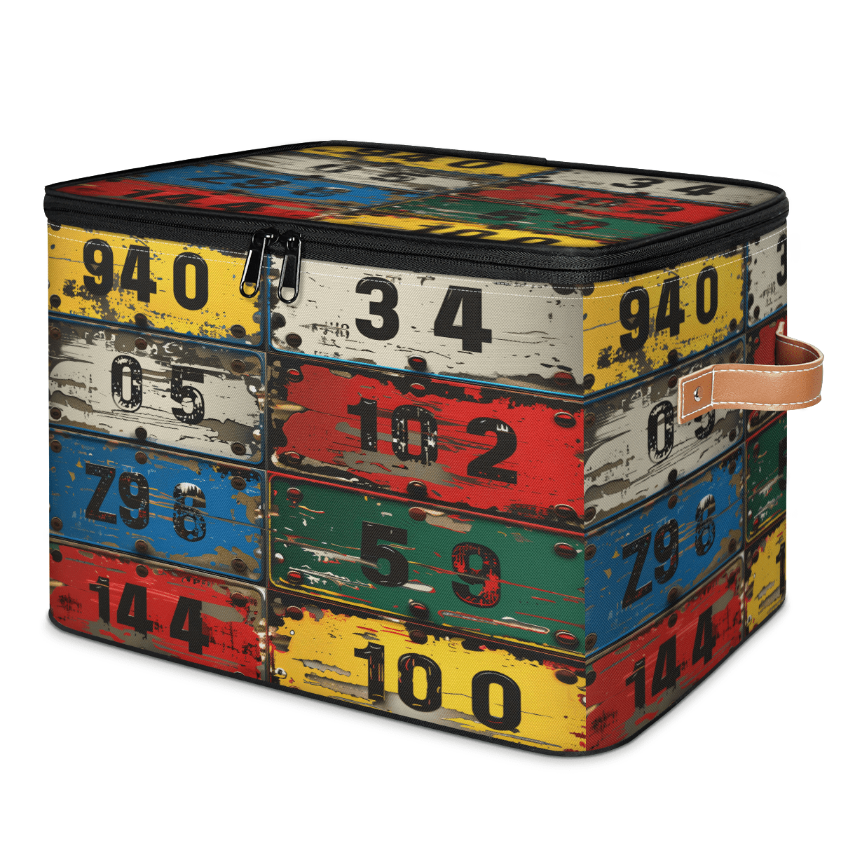 CURLYOOT Vintage License Plate Numbers Fabric Storage Bins with Lids, Foldable Storage Boxes Washable Storage Cube, Closet Bedroom Home Organizer Containers with PU Leather Handles