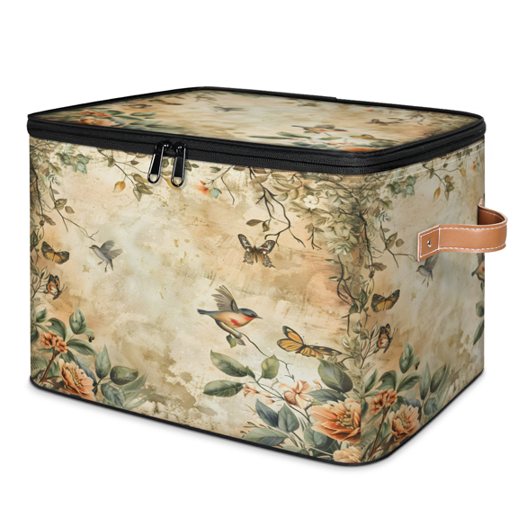 CURLYOOT Vintage Lovely Birds Fabric Storage Bins with Lids, Bird Flower Foldable Storage Boxes Washable Storage Cube, Closet Bedroom Home Organizer Containers with PU Leather Handles