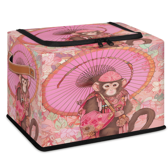 CURLYOOT Vintage Monkeys Storage Bin with Zipper Lid, Foldable Clothes Organizer Lidded Storage Baskets, Rectangular Box Closet Shelf Organizer for Living Room Bedroom Home