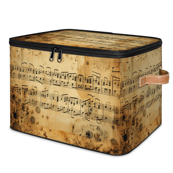 CURLYOOT Vintage Musical Notes Storage Bin with Zipper Lid, Fabric Decorative Lidded Storage Baskets Boxes, Foldable Organizer Container Basket for Bedroom Closet Shelf