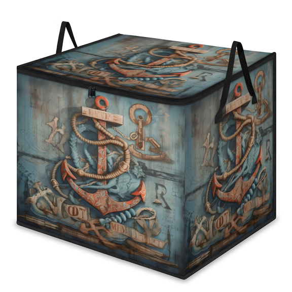 CURLYOOT Vintage Nautical Anchors Large Storage Bag, Clothes Storage Bin Foldable Closet Organizer with Handle, Fabric Storage Containers for Clothing, Blanket, Comforter, Bedding