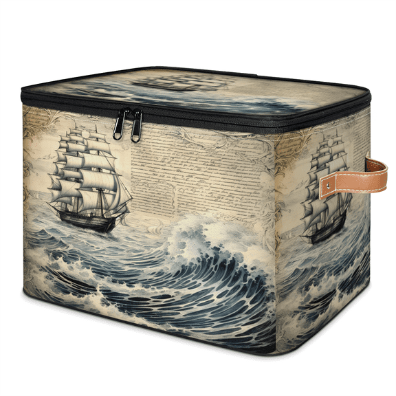 CURLYOOT Vintage Ocean Ship Storage Bin with Zipper Lid, Fabric Decorative Lidded Storage Baskets Boxes, Foldable Organizer Container Basket for Bedroom Closet Shelf