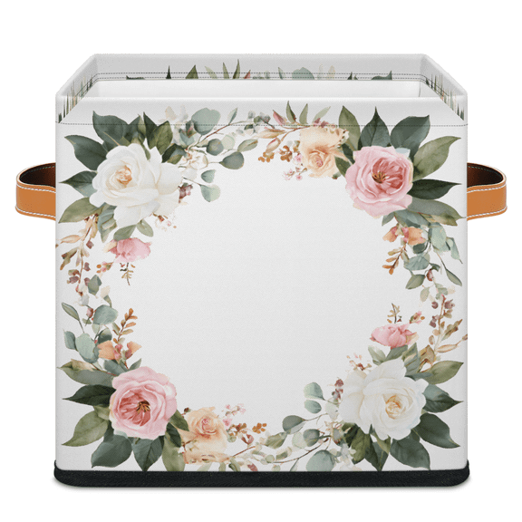 CURLYOOT Vintage Pink Rose Flower with Branches 11 x 11 Inch Cube Storage Bin, Decorative Storage Cube Foldable Basket with Leather Handle, Fabric Bin for Closet Shelves Home Organizer