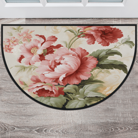 CURLYOOT Vintage Red Floral Half Round Door Mat 24'' x 36'', Indoor Outdoor Entrance Rug, Semi Circular Area Rug, Non Slip Washable Absorbent Doormat, Laundry Room Rug