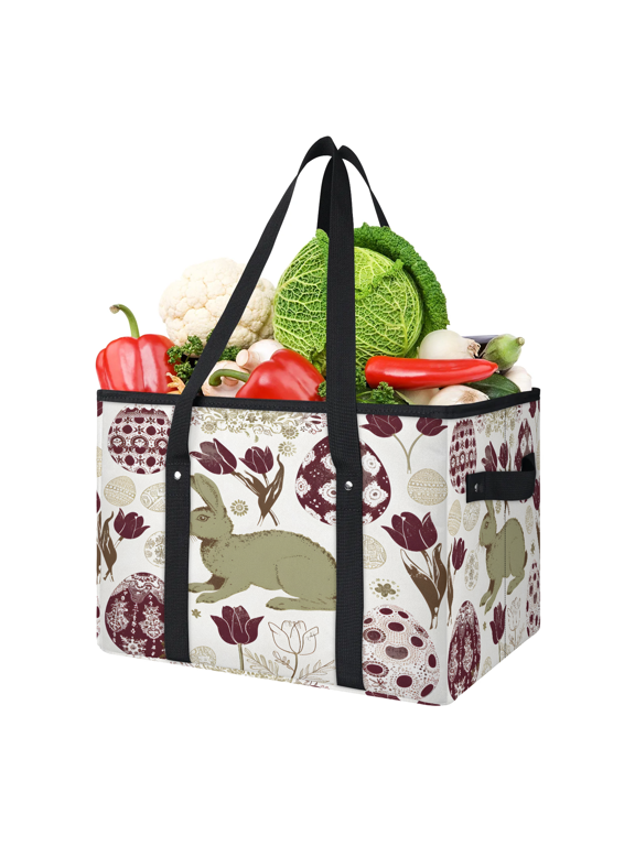 Vintage Retro Easter Reusable Grocery Bag, Foldable Shopping Tote Bag with Reinforced Handles, Bunny Large Kitchen Grocery Bags for Shopping Groceries Picnic