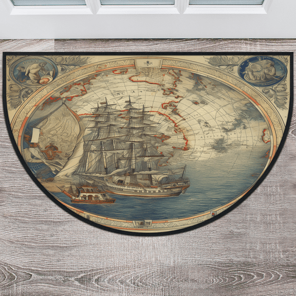 CURLYOOT Vintage Sailing Ship Half Round Door Mat 24'' x 36'', Indoor Outdoor Entrance Rug, Semi Circular Area Rug, Non Slip Washable Absorbent Doormat, Laundry Room Rug