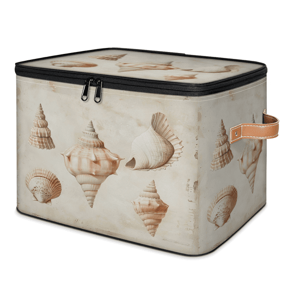 CURLYOOT Vintage Shells Fabric Storage Bins with Lids, Ocean Beach Theme Foldable Storage Boxes Washable Storage Cube, Closet Bedroom Home Organizer Containers with PU Leather Handles