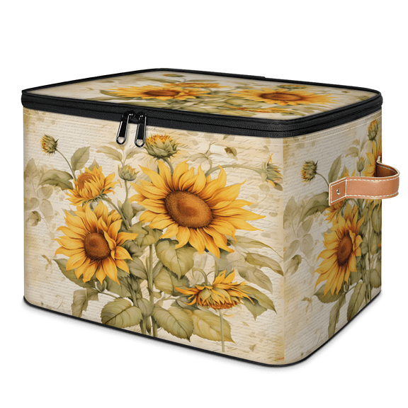 CURLYOOT Vintage Sunflower Storage Bin with Zipper Lid, Fabric Decorative Lidded Storage Baskets Boxes, Foldable Organizer Container Basket for Bedroom Closet Shelf