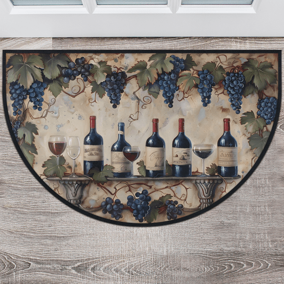 CURLYOOT Vintage Wine Glass Retro Half Round Door Mat 24'' x 36'', Indoor Outdoor Entrance Rug, Semi Circular Area Rug, Non Slip Washable Absorbent Doormat, Laundry Room Rug