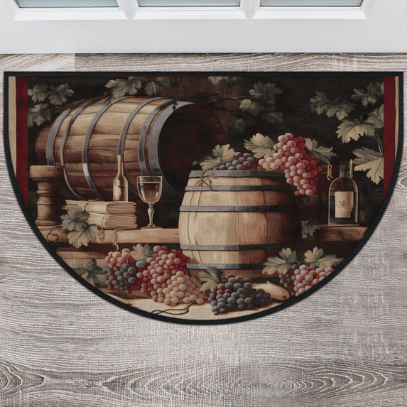 CURLYOOT Vintage Wine And Ripe Grapes Half Round Door Mat, Indoor Outdoor Entrance Rug, Semi Circular Area Rug, Non Slip Washable Absorbent Doormat, Laundry Room Rug 24'' x 36''