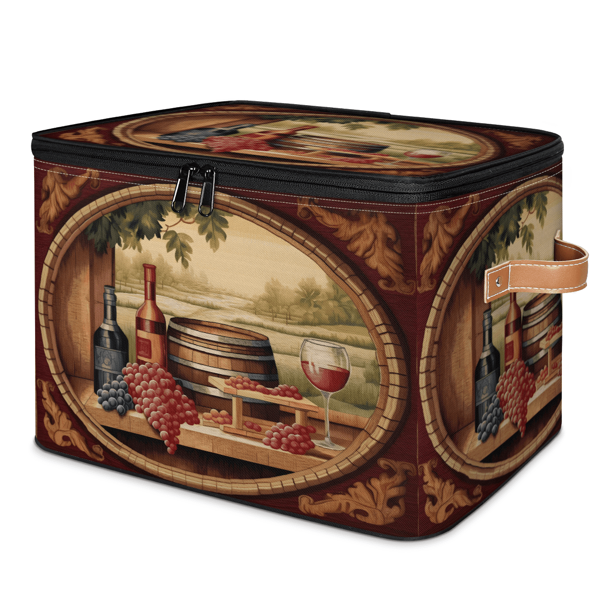 CURLYOOT Vintage Wine Theme Storage Bin with Zipper Lid, Fabric Decorative Lidded Storage Baskets Boxes, Foldable Organizer Container Basket for Bedroom Closet Shelf